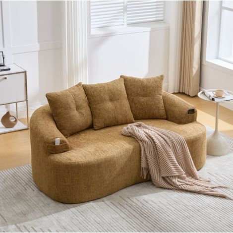 Canapé 2 places 164x92x60 cm jaune moutarde en chenille avec assise profonde et coussins inclus (1/5)