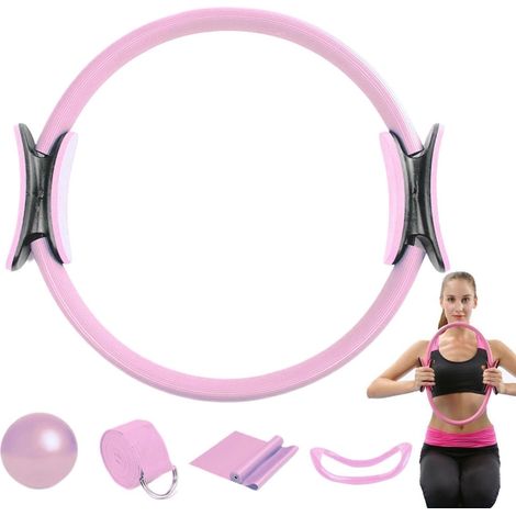 Pilates-Ring – Pilates-Ball – Yoga-Ring-Set – Heimfitnesszubehör – Komplettes Muskelaufbau-Set – Pink