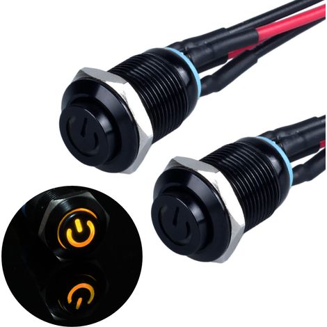 Lot de 2 boutons poussoirs étanches instantanés 12 V à 24 V 2 A IP66 avec éclairage LED Boîtier en métal noir Bouton poussoir momentané avec fils de connexion pour moto (tête haute, jaune) (1/5)