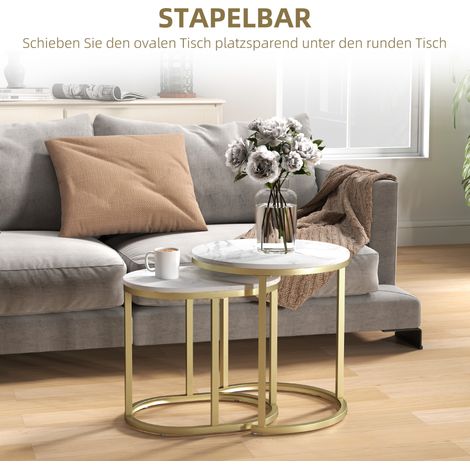 Lot de 2 tables basses ovales et rondes, empilables, finition marbre, acier, Ø50 x 50,5 cm, blanc (1/4)