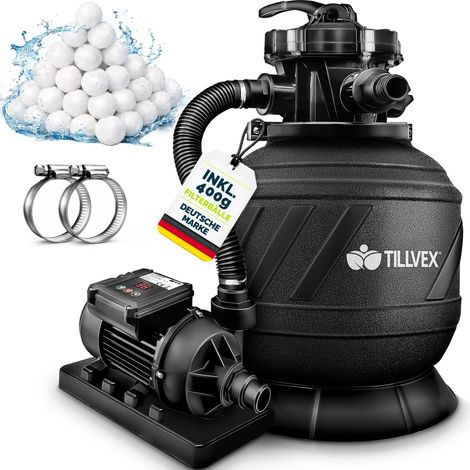 tillvex® Sandfilteranlage Pool mit Timer 7.900L/h inkl. 400g Filterbälle Filteranlage 7-Wege Ventil & 2in1 Adapter Ø32mm - 38mm Poolfilter mit Druckanzeige Sandfilter für Schwimmbecken AquaBlack Pr