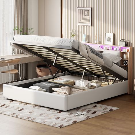 Cama con canapé 140x200 cm, con iluminación LED, separadores abiertos, mesitas de noche plegables, somier de láminas, numerosos compartimentos hidráulicos - Blanco