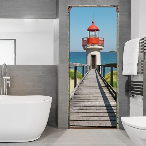Sticker mural décoratif pour porte, trompe l'oeil ponton et phare, vue sur mer, 204 cm X 83 cm (1/2)