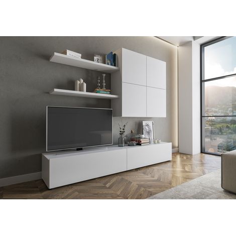 Parete Attrezzata Mobile Soggiorno Moderno Con Base TV 2 Ante Pensile 4 Ante e 2 Mensole Design Contemporaneo in Melaminico Facile da Pulire 200 x 194 x 40 cm Bianco