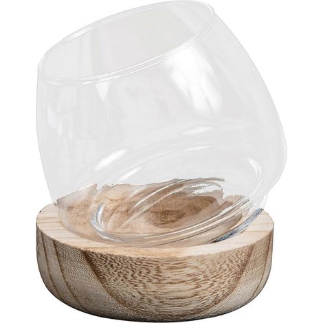 Bouteille miniature en verre décorative avec base en bois, contenant un petit aquarium. (1/5)