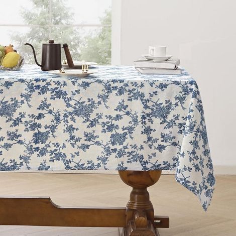Tischdecke 180x140 cm abwaschbar, blau Blumenmuster, Baumwolle Leinen, rechteckig
