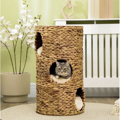 Cuccia per Gatto 40x73 cm in Giunco Intrecciato, 3 Nicchie con Cuscini Rimovibili (1/5)