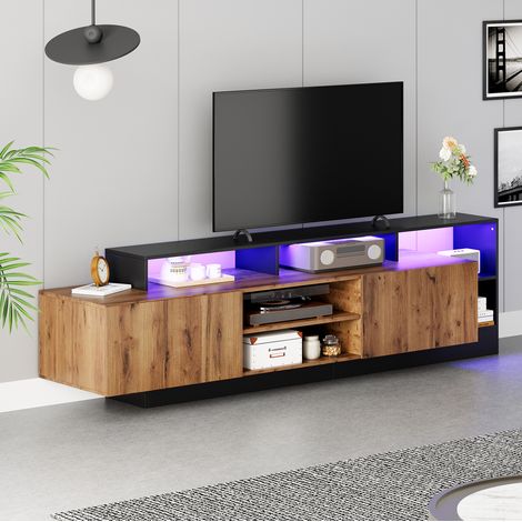 Mobile TV in legno e nero con vano portaoggetti aperto e illuminazione LED, per camera da letto e soggiorno (1/5)