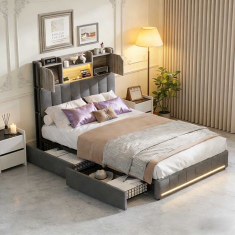 Camas infantiles 90x190 cm, cama con cajón de almacenamiento, estante integrado en el cabecero, iluminación LED regulable, puerto USB, estructura de cama con somier de láminas de madera