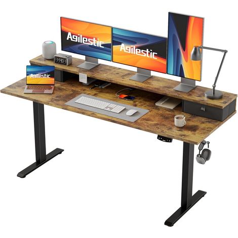 Höhenverstellbarer Schreibtisch 160 x 60 cm 2 Schubladen Braun Elektrisch (1/5)