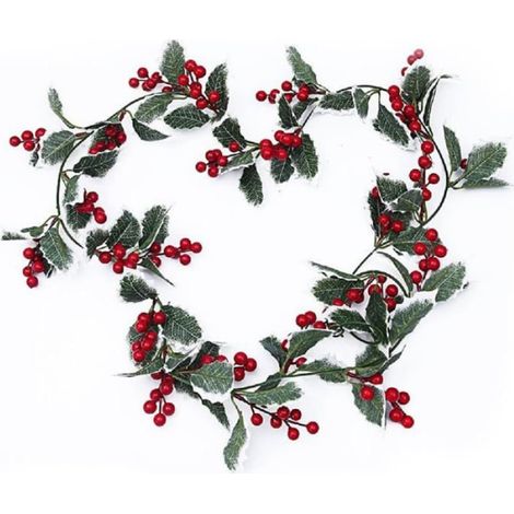 1 Guirlande de Noël,baies rouges,feuilles de houx,soie artificielle,décoration intérieure (1/5)