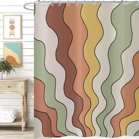 Ecleanfy - Rideau de douche Retro Vintage Groovy 180x180, Esthétique Coloré Orange Jaune Vert Hippie Trippy Mid Century Art Abstrait Rideau de baignoire Imperméable Polyester Tissu Lavable Rideau de b (1/4)