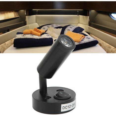 Lampe de lecture murale RV orientable, spot LED 3W avec interrupteur pour bateau, noir et blanc neutre.