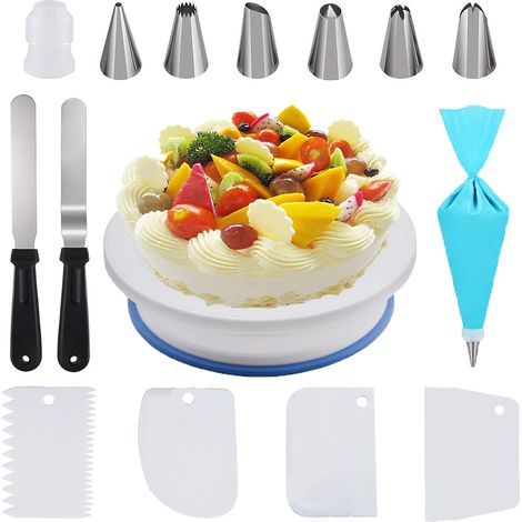 EASYCOMFORT Plateau Tournant de Gâteau 15PCS - Plateau pour Pâtisserie - 1 Plateau Tournant 28CM, 2 Spatules, 4 Scrapers, 6 Douilles, 1 Poche, 1 Coupleur (1/5)