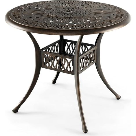 Goplus – Table de jardin ronde en aluminium avec trou pour parasol 5 cm – Style vintage – Ø 90 cm – Patins réglables – Pour terrasse, balcon, piscine