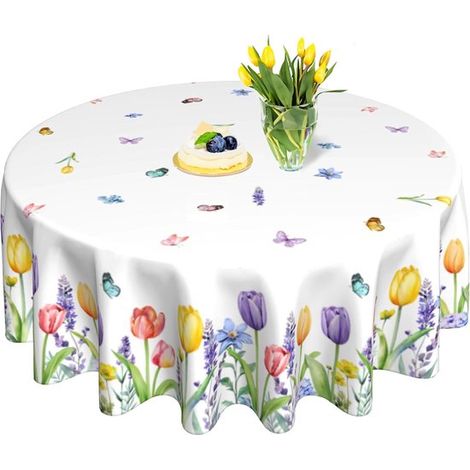 Tovaglia rotonda 180 cm Tovaglia rotonda con fiori primaverili Tovaglia con tulipani, motivi ad acquerello e farfalle Decorazione per tavolo rotondo per (1/5)