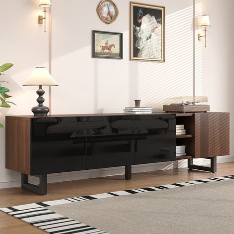 Meuble TV 180 cm 4 portes, façade noir brillant & décor bois vintage, cadre métal, rangement AV, 180x38x50 cm (1/5)