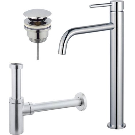 Fortifura Calvi Slim Kit mitigeur lavabo - robinet rehaussé - bonde clic clac - siphon design - Chrome brillant