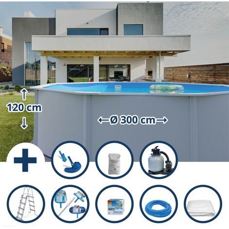 Stahlwandpool Set (9-teilig) hoch rund Eco 300 x 120 cm, Stahl 0,4 mm weiß Folie 0,3 mm blau (1/5)