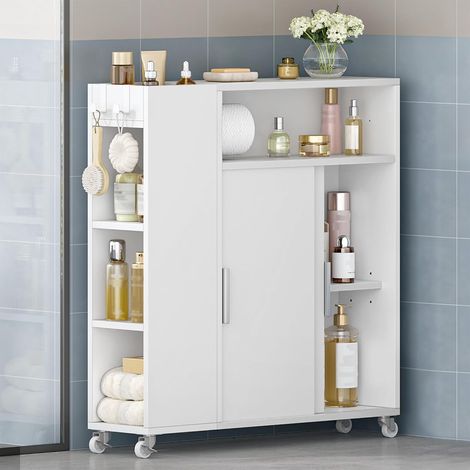 Meuble de Salle de Bain avec roulettes, Armoire de Salle de Bain avec Portes Coulissantes, avec Porte-Papier, Chariot de Salle de Bain, Étagères Réglables, 20 X 80 X 70 Cm, Blanc (1/5)
