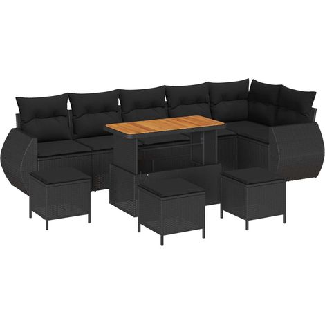 Garden Sofa Set with Cushion 10 pcs Black Poly Rattan vidaXL
