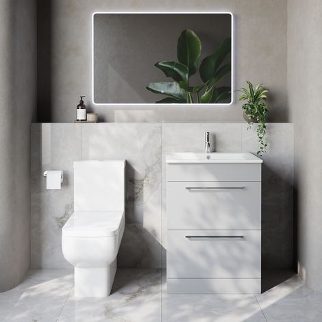 Napoli 460 Gloss Grey Pearl 600mm 2 Drawer Vanity Unit and Tacoma Comfort Height Toilet Suite with Angel Basin - 600mm - Chrome 320mm Handle