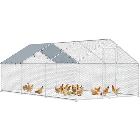 PawHut gallinero para exterior grande de acero galvanizado 5,1x3x1,9 m 15,3 m² puerta con doble cierre cubierta tela Oxford anti-UV impermeable plata