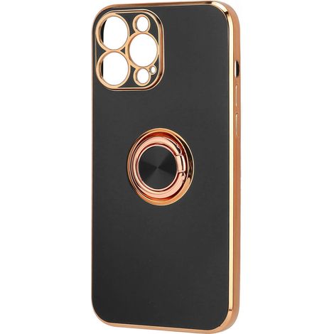 Coque pour iPhone 13 Pro Max avec anneau de support plaqué or rose pailleté, ultra-fine, souple et flexible, en TPU, noir classique.