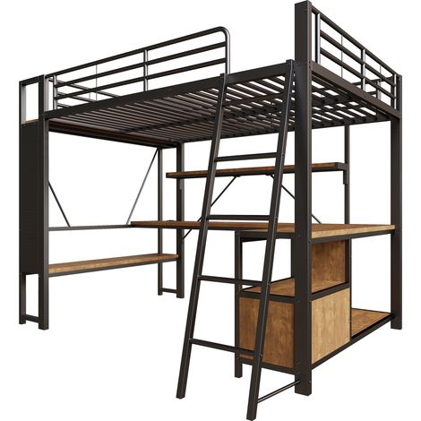 Letto a soppalco 140 x 200 cm in metallo nero con scrivania LED, ripiani e USB, senza materasso (1/5)