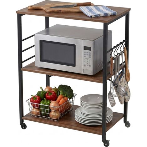 Relaxdays Küchenrollwagen, 3 Ablagen, 6 S-Haken, HxBxT: 89x60x40 cm, MDF & Stahl, Industrial Servierwagen, braun/schwarz