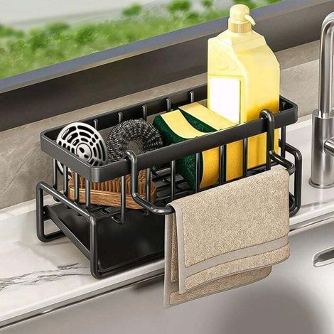 Rangement et Organisation de Cuisine, Organisateur d'évier en Acier Inoxydable avec bac d'écoulement Automatique pour Porte Eponge, Porte Serviettes, Super Accessoires pour Salle-Noir