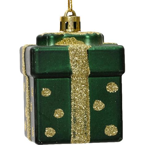 Kaemingk – Boule de Noël « Cadeau » – Vert mat avec paillettes dorées, plastique, H 6,8 x l 5 x L 5 cm