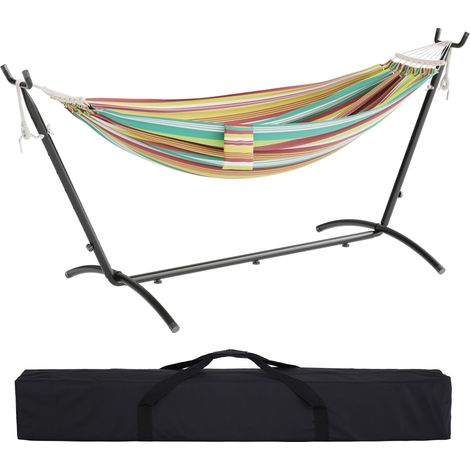 Mondeer Hamac sur Pied Double avec Sac, Cadre Robuste Réglage 6 Positions et Sac de Transport Inclus, Charge Max 270kg pour Jardin/Camping/Voyage, Multicolore