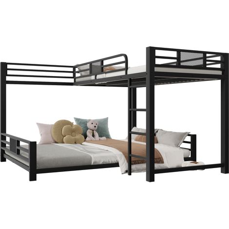 CHICFURN Litera metálica en L 140x200 sobre 90x200, cama alta negra para dormitorio infantil o juvenil, con estructura robusta, barandillas de seguridad y montaje fácil (1/5)