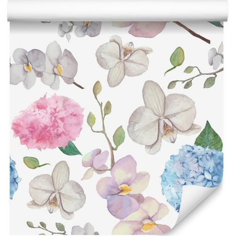 Papel pintado con motivos naturales de flores y orquídeas para salón y dormitorio, 50x1000 cm. (1/5)