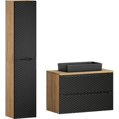 Badmöbel Set 2-teilig mit 90cm Doppelwaschtisch in Eiche mit schwarz OLUO-56-BLACK, Front mit 3D-Struktur in Wellenoptik (1/5)