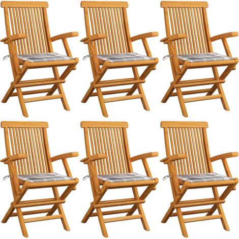 Gartenstühle Graue Karomuster-Kissen 6 Stk. Massivholz Teak (1/5)