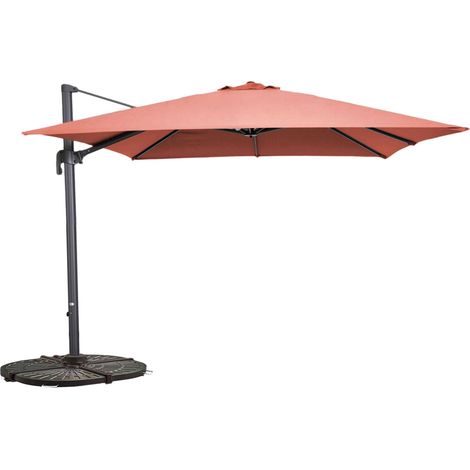 Parasol déporté 3x3m rotatif et 4 dalles lestées terracotta