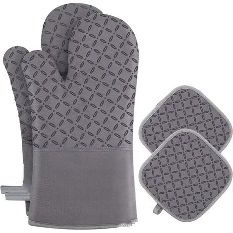 Set di 4 guanti da forno/presine – Guanti da forno resistenti al calore fino a 300 °C, guanti in silicone antiscivolo, in morbido cotone, lunghi 32 cm e flessibili, grigi