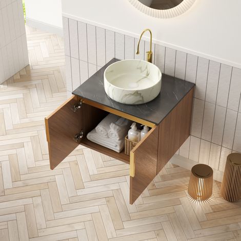 Hängender Badschrank 61 cm mit rundem Keramikwaschbecken und Sintersteinplatte (1/5)