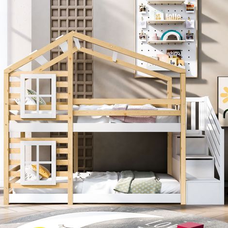 Lit superposé enfant en bois 90x200 cm lit cabane avec escalier de rangement et sommier à lattes, blanc (1/5)