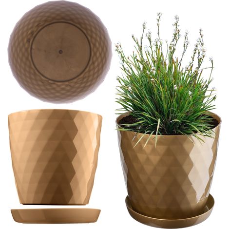 KADAX Blumentopf mit Untersetzer, Topf für Blumen, Rund, 12 cm, Gold