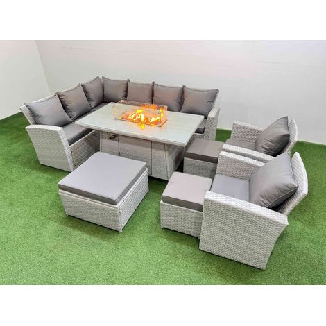 Fimous Rattan Corner Sofa Chair Set Outdoor Furniture Garden Dining Sets Gas Fire Pit Table with Temper Glass 3 Footstools Light Grey Mixed (1/5)