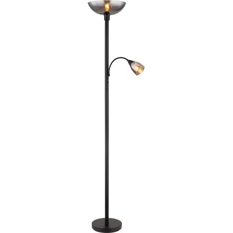 Lampada da terra, faretto da soffitto, lampada da terra, lampada da lettura, lampada da camera da letto, lampada da soggiorno, metallo nero, vetro fumé, commutabile separatamente, punto lettura orient