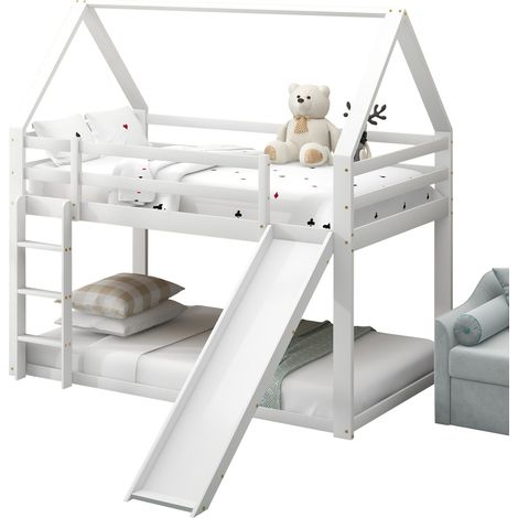 Lit superposé enfant maison avec toboggan et échelle réversible, blanc, couchage 90x200 cm, structure bois et MDF, pour chambre ludique - CHICFURN (1/5)