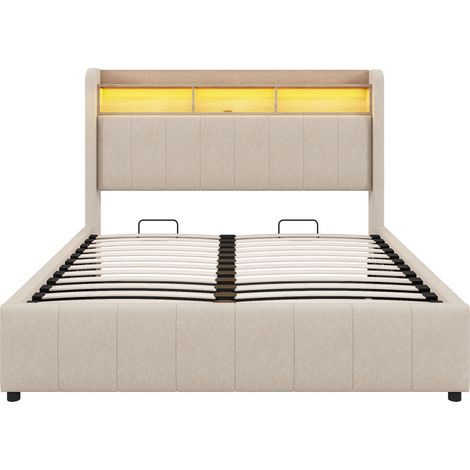 Letto imbottito 140 x 200 cm beige con LED, USB e contenitore idraulico MODENUIT (1/5)
