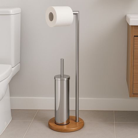 Piantana Portascopino e Portarotolo Bagno Acciaio e Bambù Porta Rotolo e Scopino (1/4)