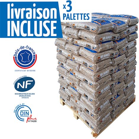 Woodstock – Granulés de bois premium – Lot de 3 palettes de 66 sacs de 15 kg – 100% naturel – Certifiés Dinplus et NF – Pouvoir calorifique 5 kWh.kg-1