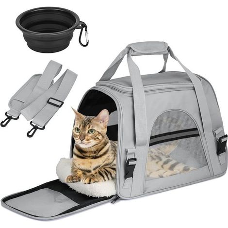 Sac de Transport pour Chat, Caisse de Transport Chat Respirant et Pliable Cage Transport, avec Bandoulière Réglable (Gris) (1/4)