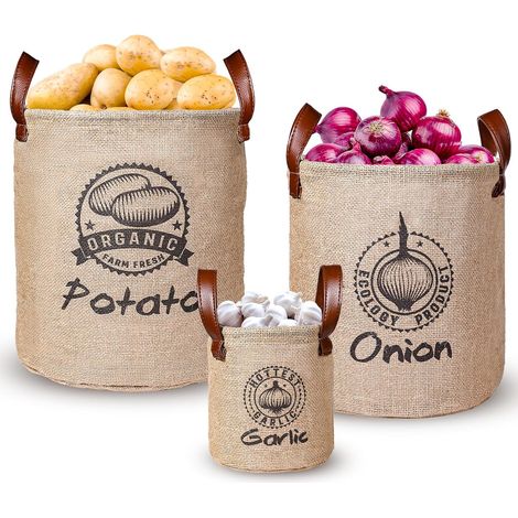 Sac de conservation pour pommes de terre, oignons et ail 3 pièces, Sac de conservation ouvert pour pommes de terre et oignons avec poignée, Sac de légumes en tissu lin (1/5)
